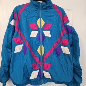 Vintage 90s Rock Creek Casuals Windbreaker Women’s Sz XL Teal Blue Neon Zip